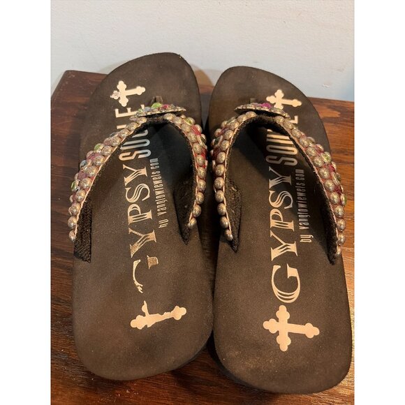 Gypsy Soule Womens Rhinestone Embellished Black Flip Flops Red Snakeskin Straps - Picture 7 of 7